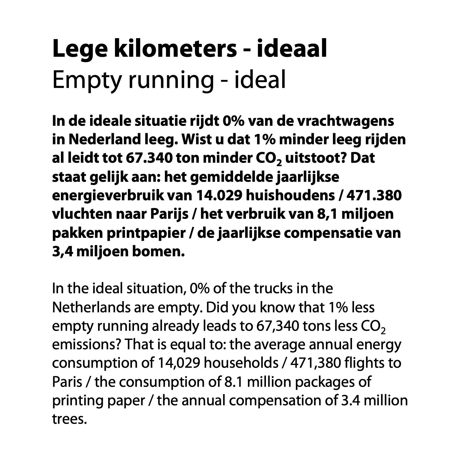 Afbeelding van een tegeltje met: Lege kilometers - ons ideaal. 1% minder leeg rijden staat gelijk aan de jaarlijkse CO2 compensatie van 3,4 miljoen bomen